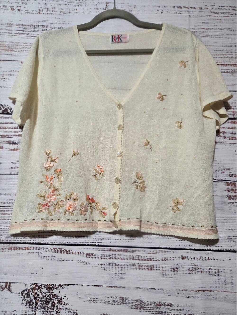 R&K Originals Petite Cream Floral Embroidered Cardigan Size Petite Large